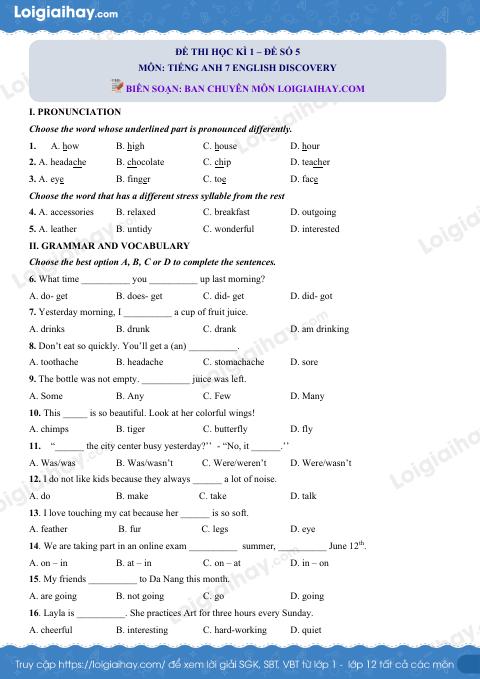 Đề thi học kì 1 Tiếng Anh 7 English Discovery - Đề số 5